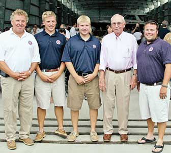 Five generations of O'Haras have worked in the marine industry spanning 111 years. Pictured are three generations, left to right: Frank O'Hara Jr., Frank O'Hara III, Casey O'Hara, Frank O'Hara Sr., and Nicholas O'Hara. Photo courtesy of The Free Press in Rockland, Maine.